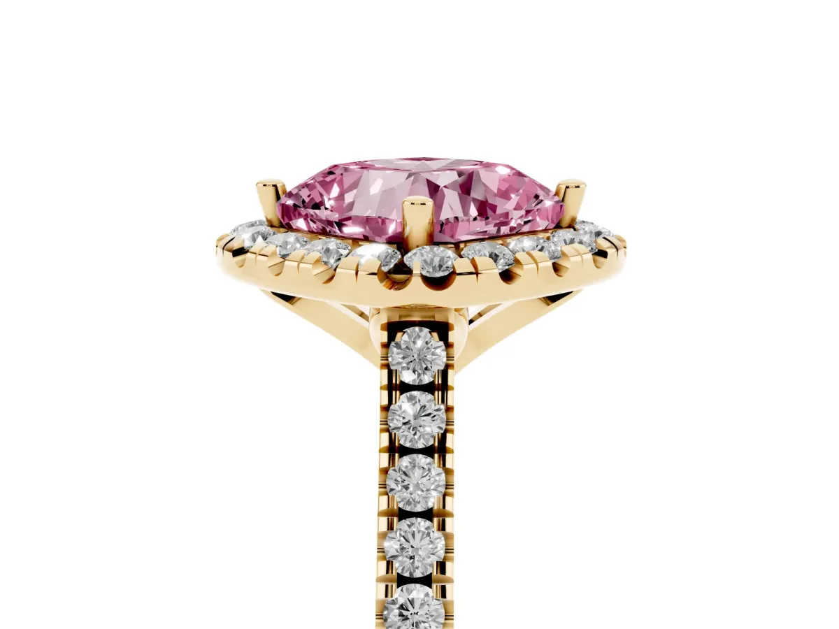 Fancy Pink Cushion Cut Diamond Cushion Halo Ring with Pavé Band Yellow gold