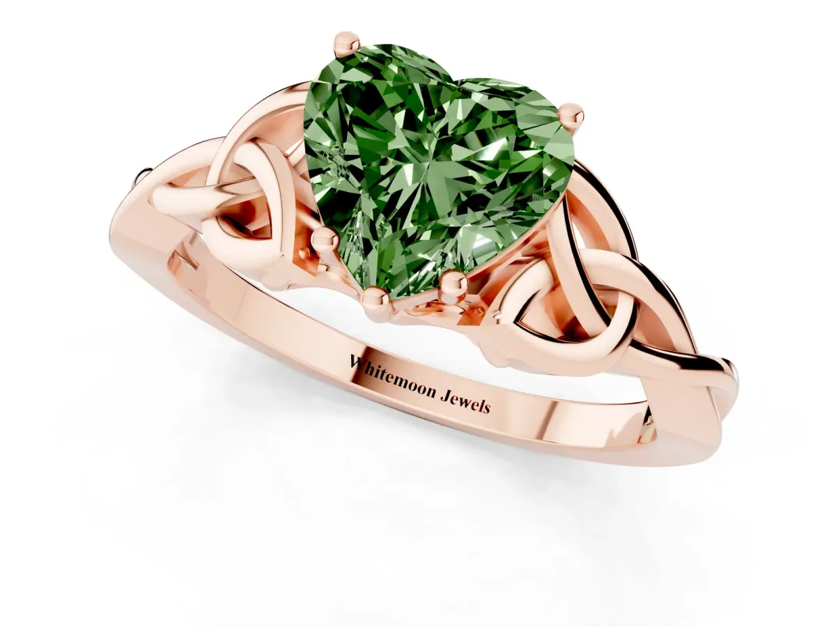 Fancy Green Heart Cut Diamond Solitaire Engagement Ring with Celtic Knot Band and Four-Prong Setting Rose gold