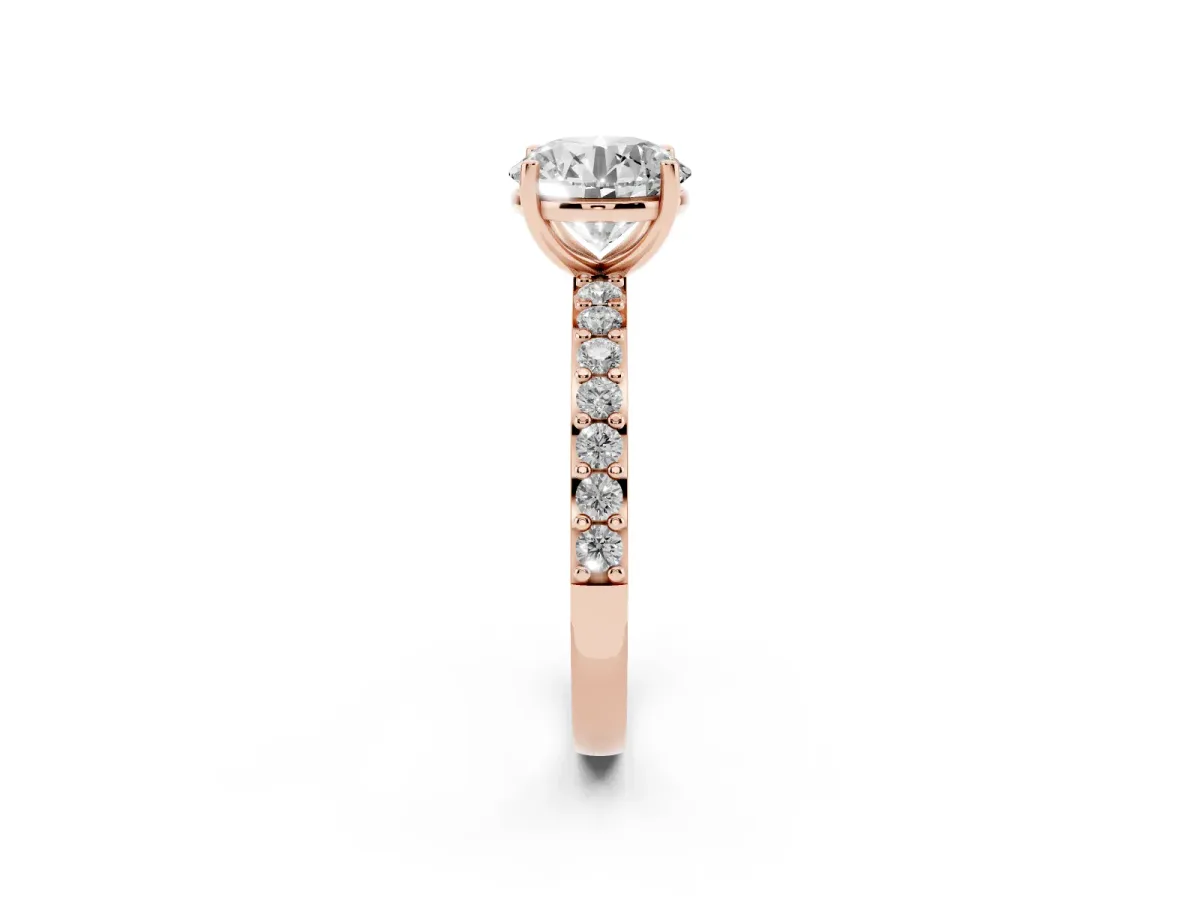 Round Cut Cut Diamond Solitaire with Pave Band and Four-Prong Setting Rose gold