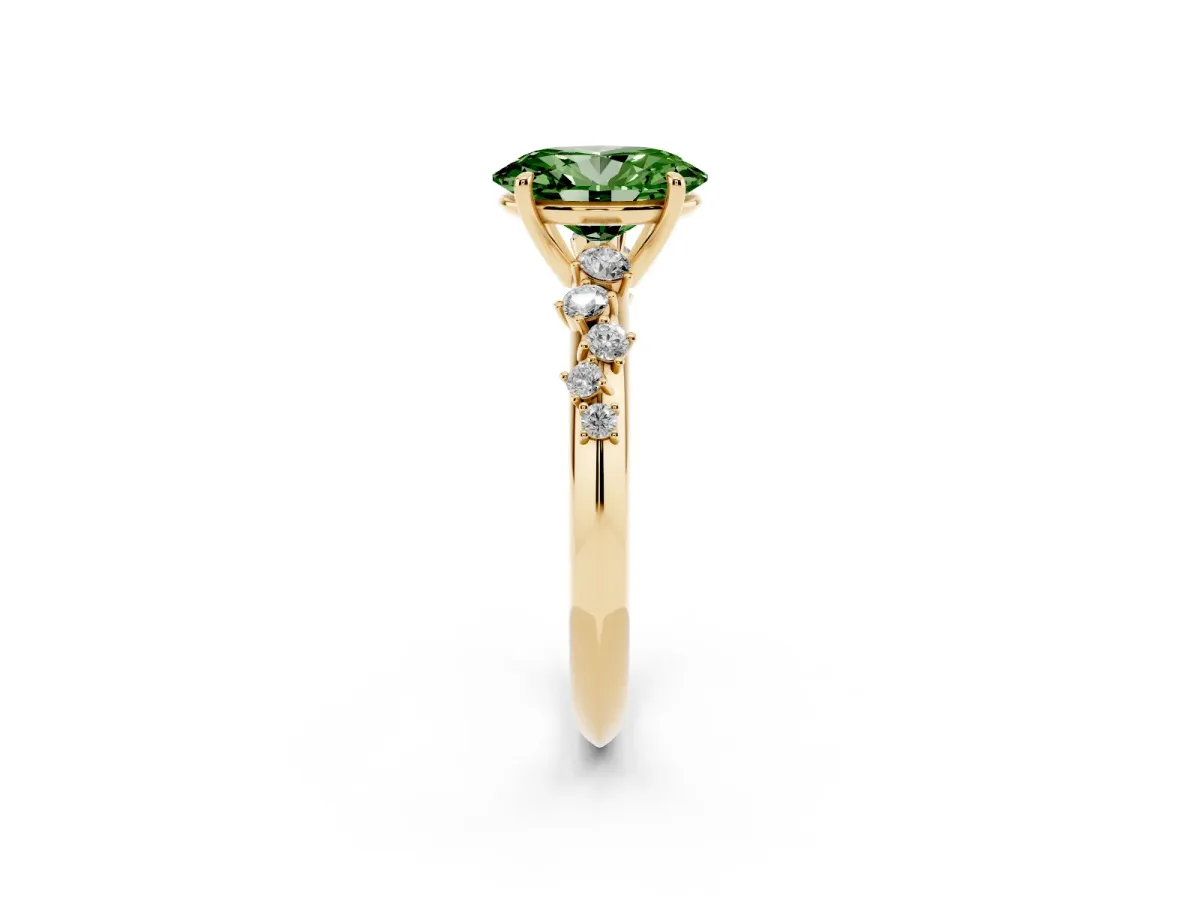 Fancy Green Oval Cut Diamond Cluster Side Stone Solitaire Ring with Prong Setting Yellow gold
