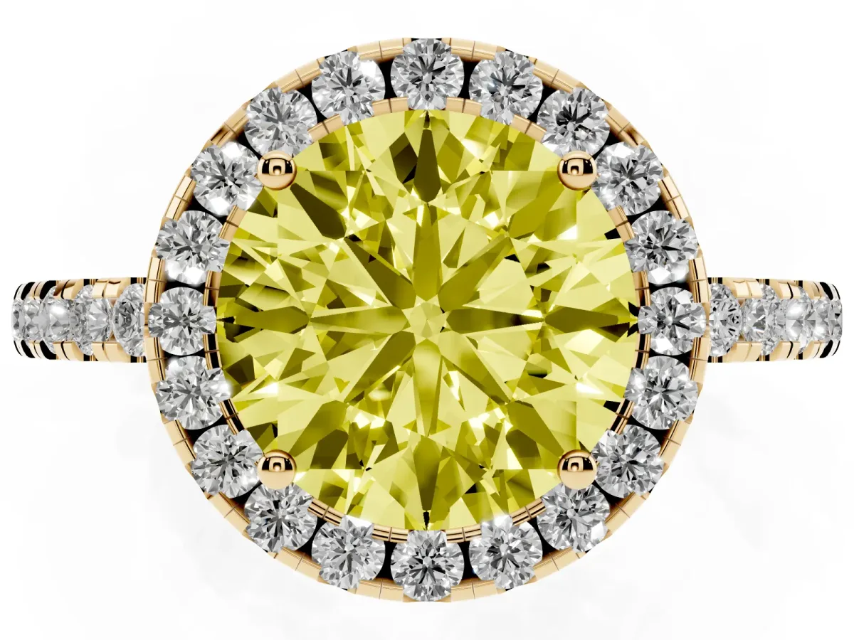 Fancy Yellow Round Cut Halo Diamond Engagement Ring with Pavé Band and Four-Prong Setting Yellow gold