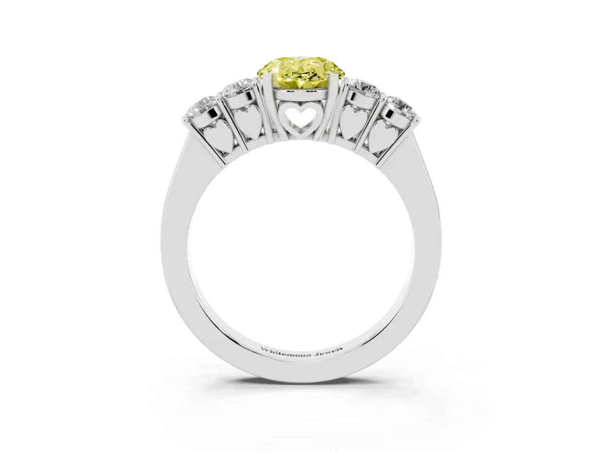 Fancy Yellow Oval Cut Cut Diamond Five-Stone Prong Set White Gold Ring Silver