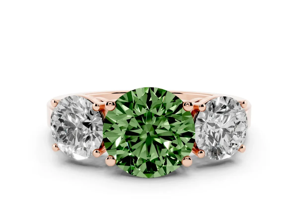 Fancy Green Three-Stone Round Cut Cut Diamond Engagement Ring with Flat Band and Four-Prong Setting Rose gold