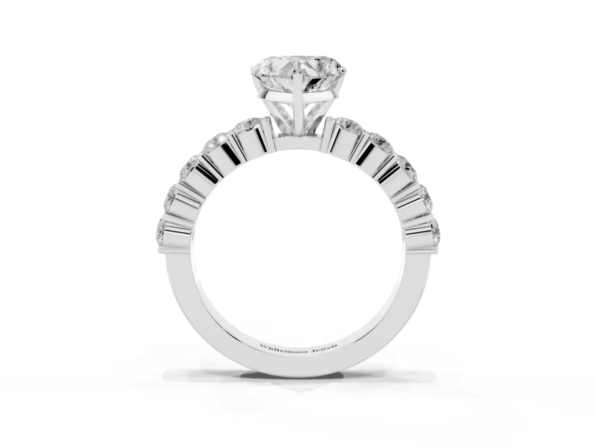 Heart Cut Diamond Solitaire Ring with Shared Prong Round Side Stones Silver