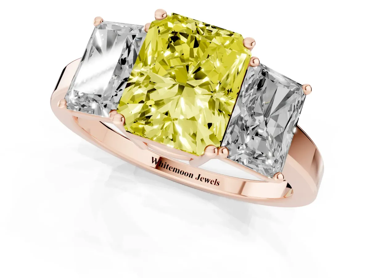 Fancy Yellow Three-Stone Radiant Cut Cut Diamond Engagement Ring with Flat Band and Four-Prong Setting Rose gold