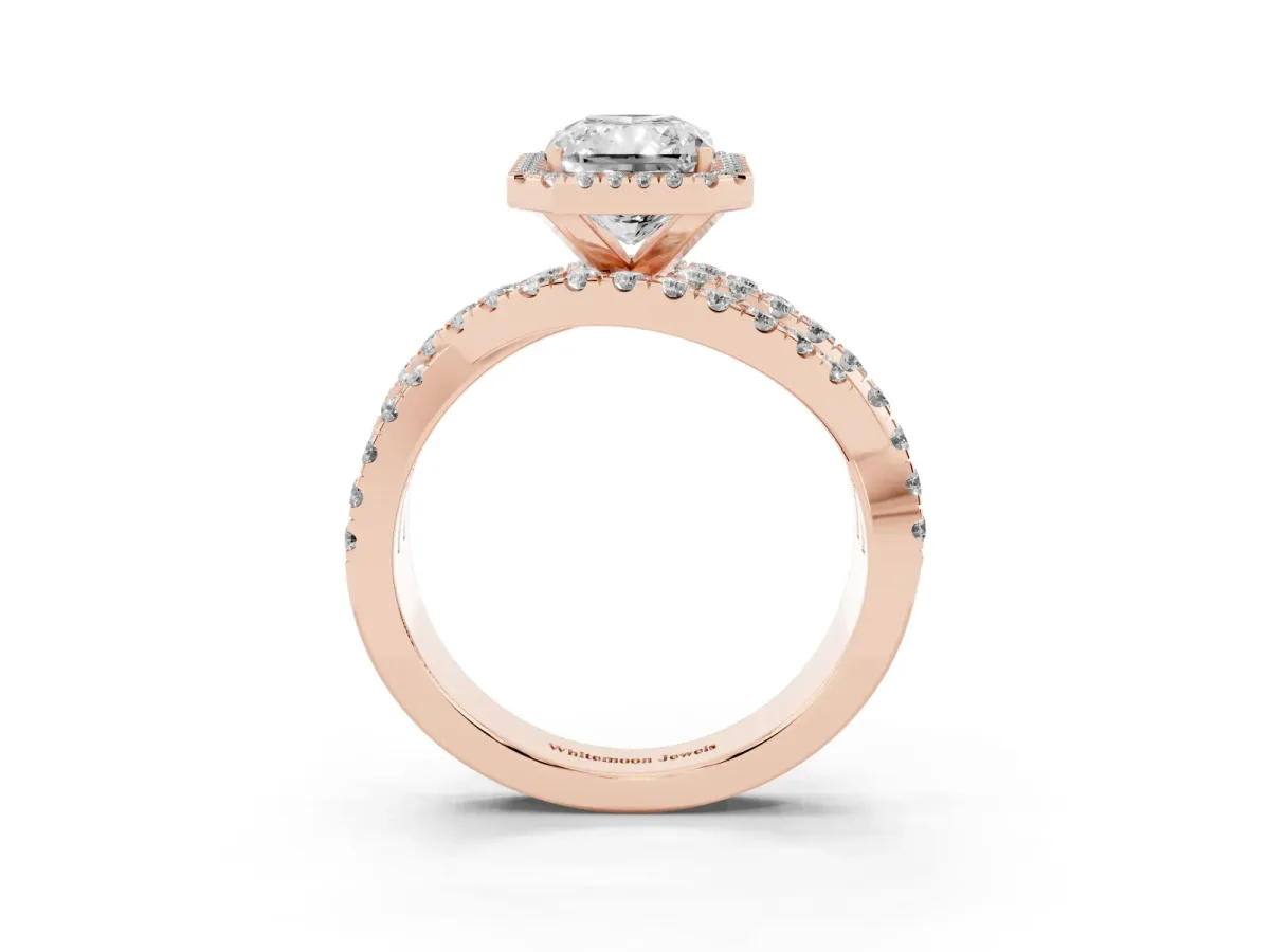 Radiant Cut Diamond Halo Ring with Round Split Shank and Prong Setting Rose gold