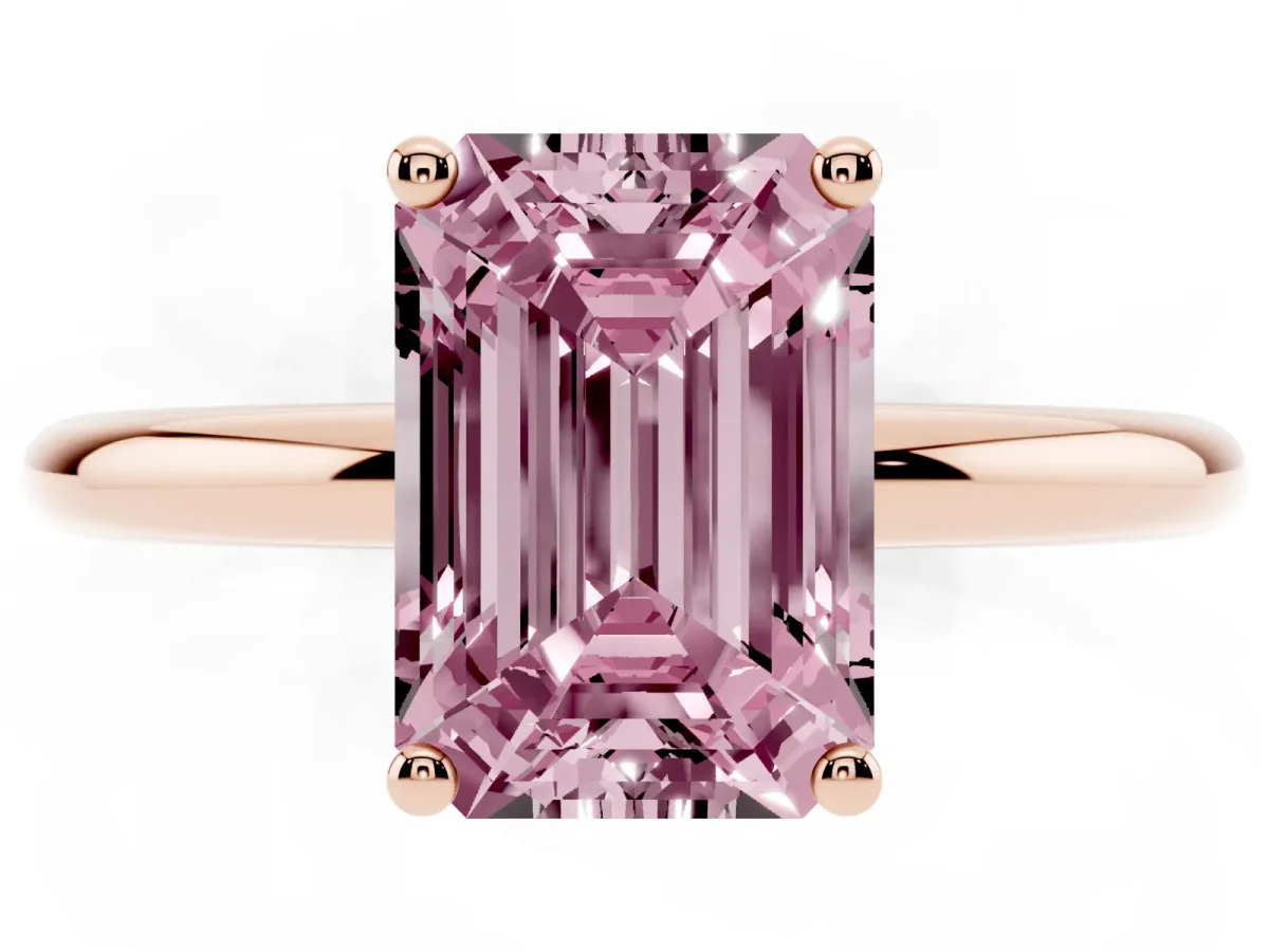 Fancy Pink Emerald Cut Cut Solitaire Engagement Ring with Four-Prong Setting and Classic Band Rose gold