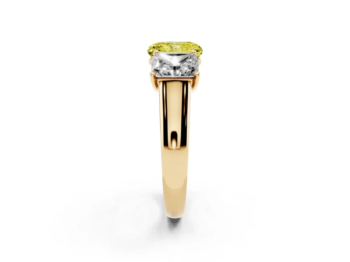 Fancy Yellow Radiant Cut Three-Stone Diamond Ring with Prong Setting on a Classic Band Yellow gold