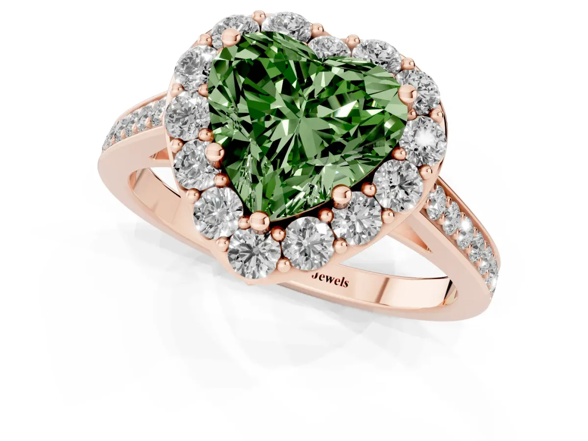 Fancy Green Heart Cut Diamond Floral Halo Ring with Pavé Band and Prong Setting Rose gold