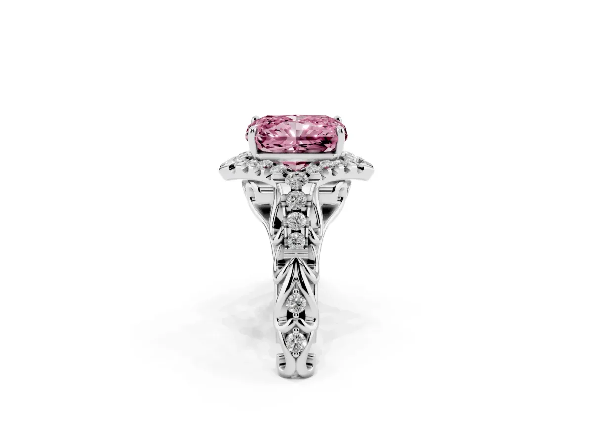 Fancy Pink Radiant Cut Diamond Solitaire Ring with Hidden Halo and Pavé Band Silver