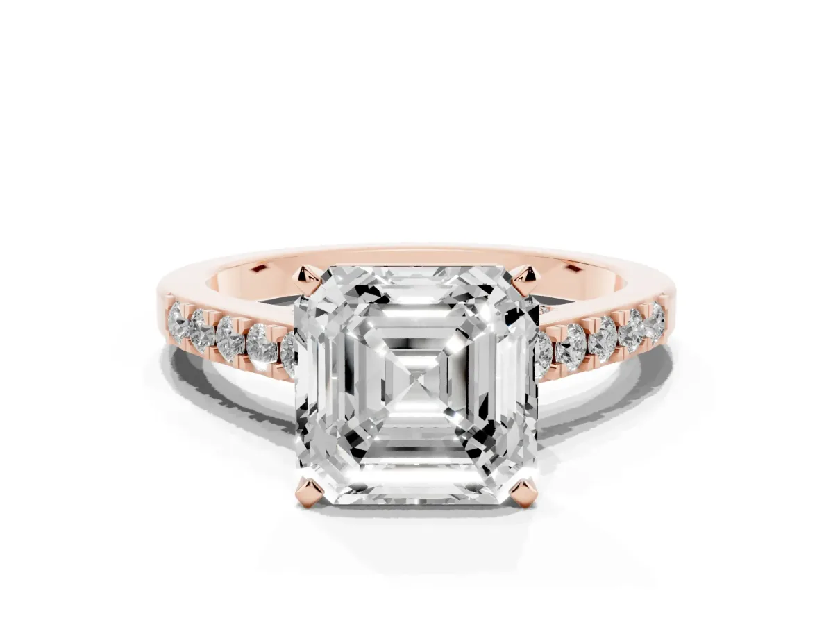 Asscher Cut Diamond Solitaire Ring with Crossover Gallery and Round Pavé Band Rose gold
