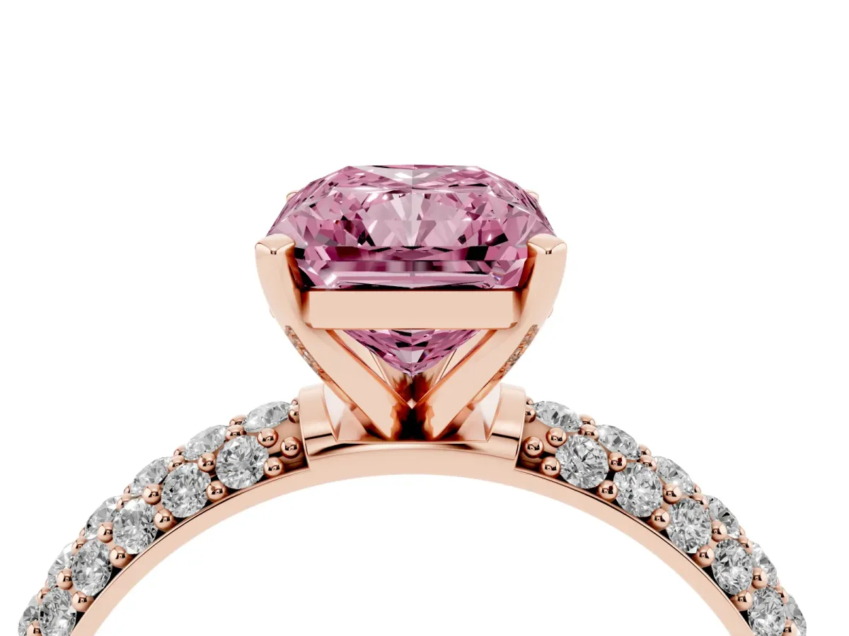 Fancy Pink Radiant Cut Diamond Solitaire Ring with Prong Setting and Pavé Band Rose gold