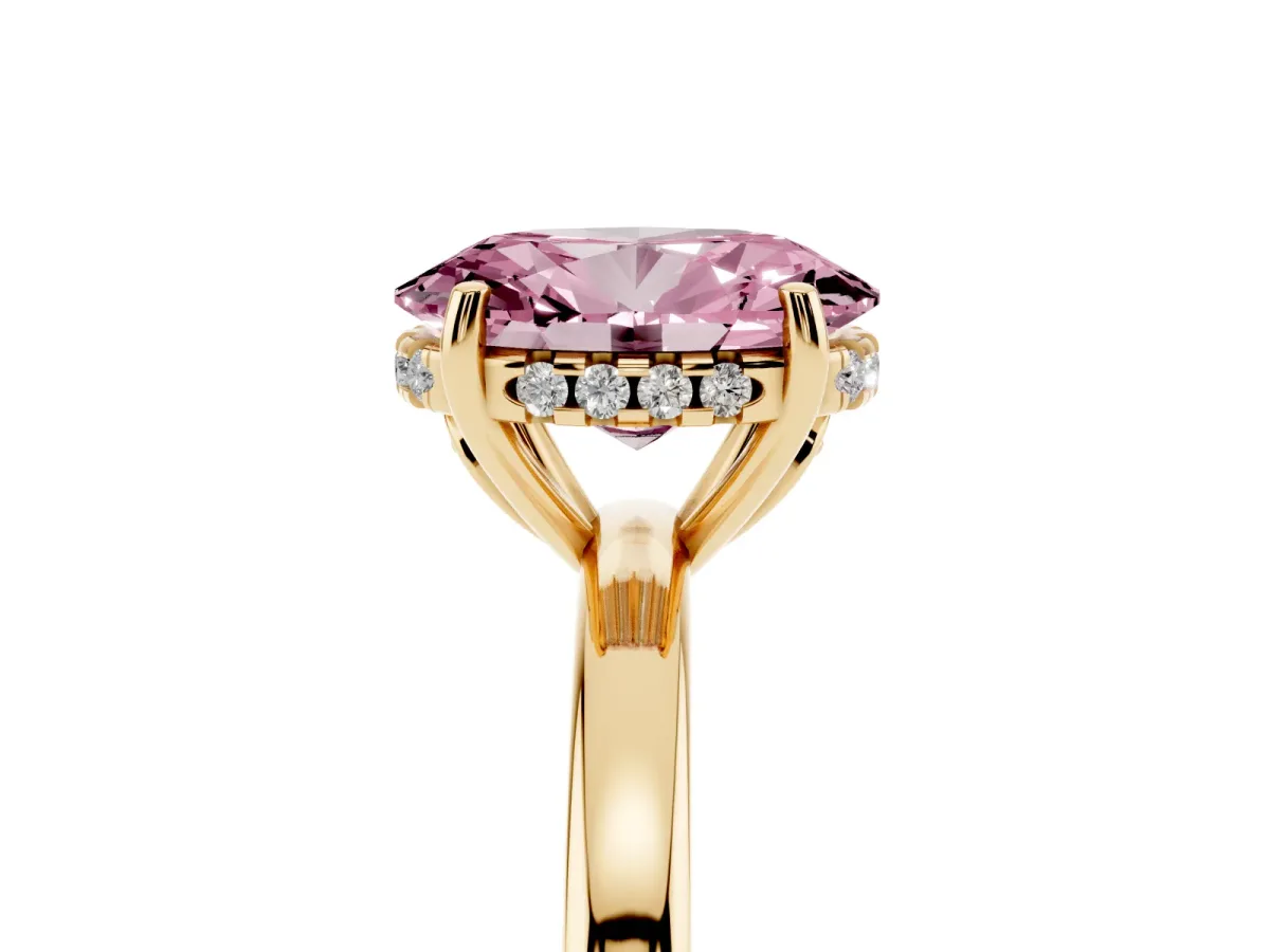 Fancy Pink Oval Cut Solitaire Diamond Ring with Prong Setting and Plain Band Yellow gold