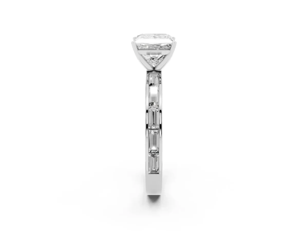 Princess Cut Solitaire Diamond Ring with Channel-Set Baguette Band and Four-Prong Setting Platinum