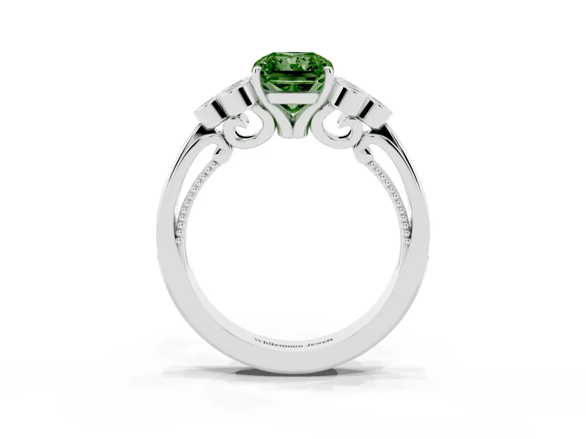 Fancy Green Radiant Cut Cut Diamond Engagement Ring with Bezel Set Round Side Stones and Prong Setting Silver