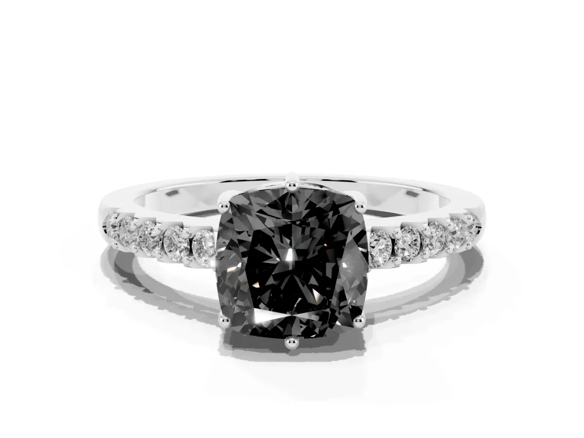 Fancy Black Cushion Cut Solitaire Diamond Engagement Ring with Pavé Band and Six-Prong Setting Platinum