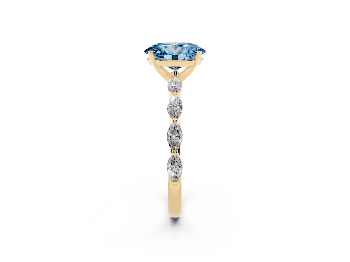Fancy Blue Oval Cut Diamond Ring with Marquise Side Stones and Prong Setting Yellow gold