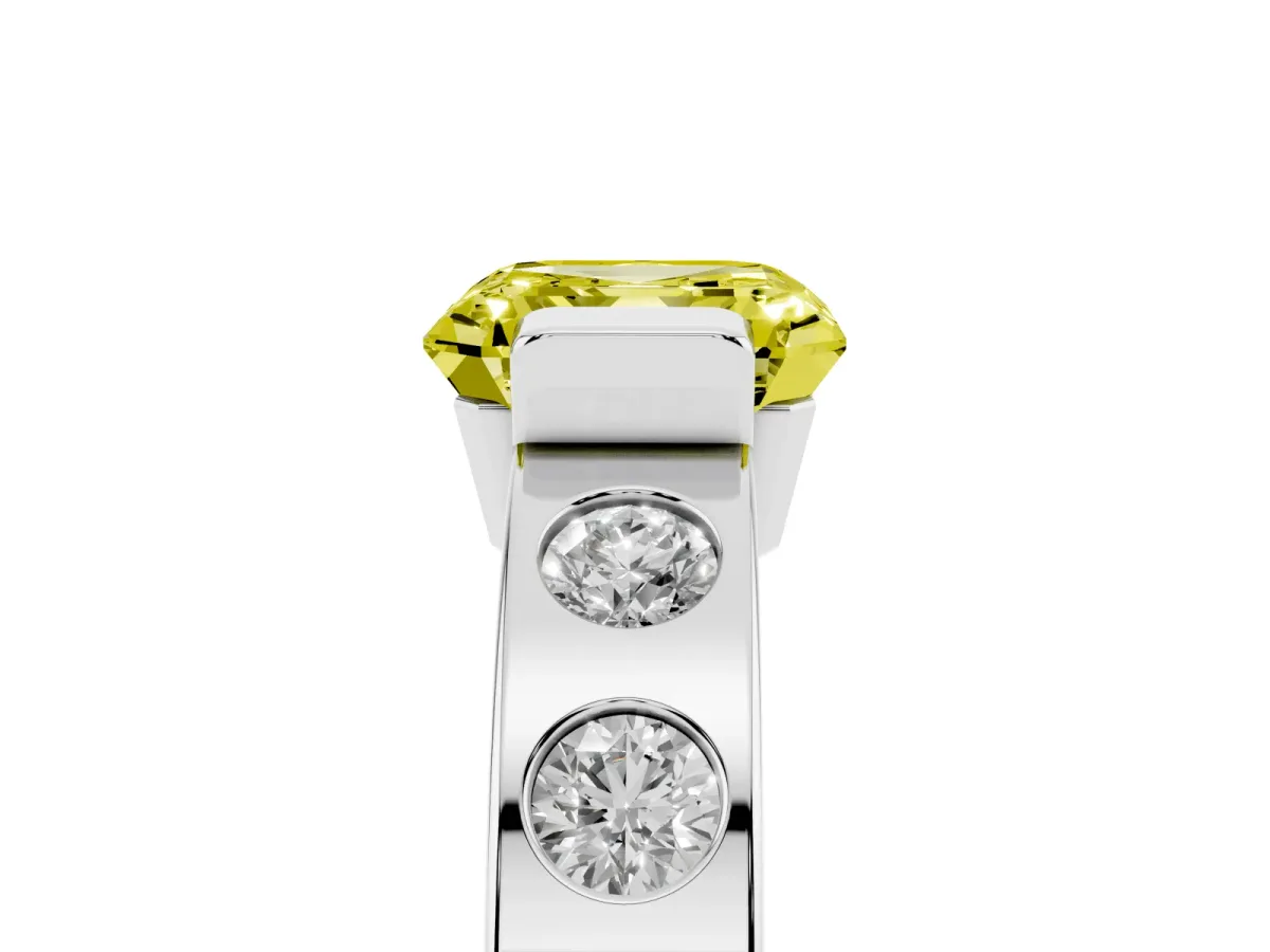 Fancy Yellow Asscher Cut Brilliant Channel-Set Diamond Ring with Bezel Prong Setting Platinum