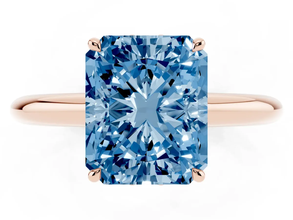 Fancy Blue Radiant Cut Brilliant Solitaire Engagement Ring with Six-Prong Setting and Classic Band Rose gold