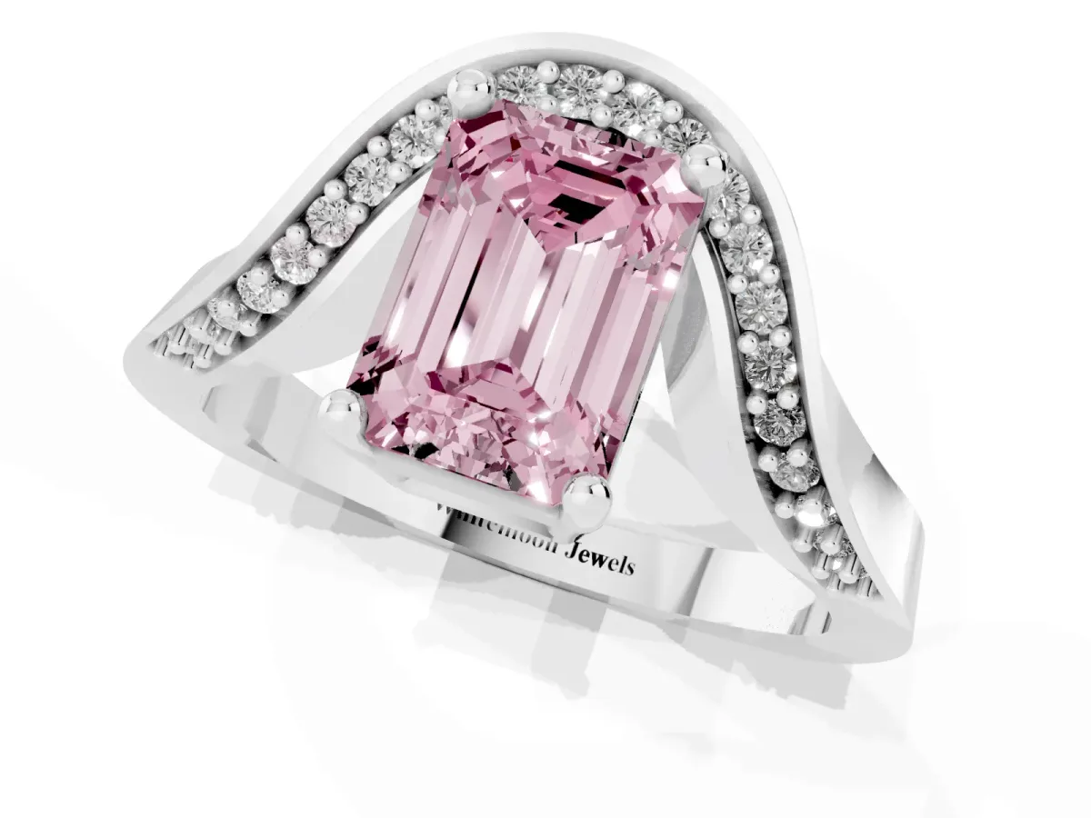 Fancy Pink Emerald Cut Solitaire Diamond Engagement Ring with Pave Band and Four-Prong Setting Platinum