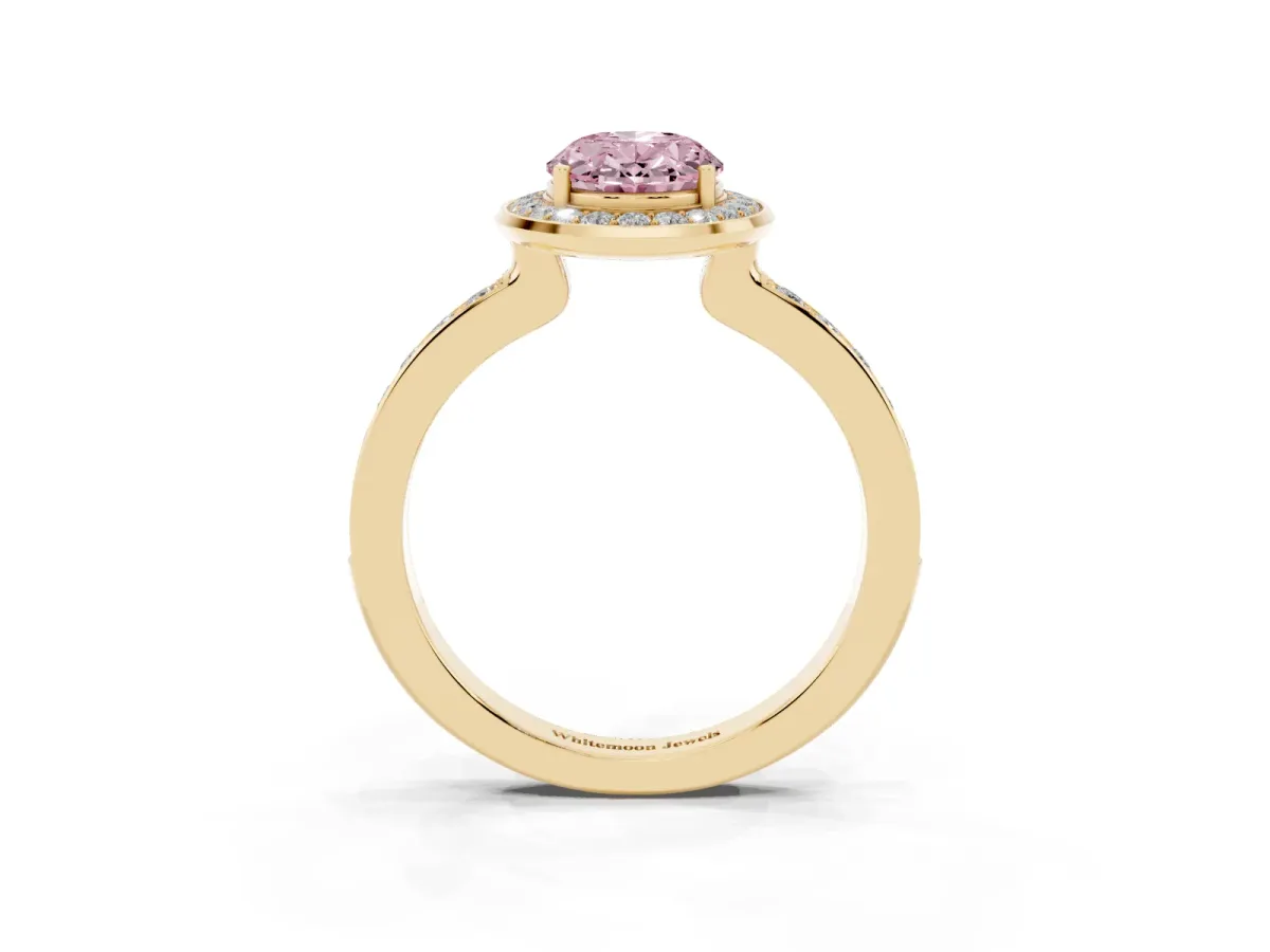 Fancy Pink Oval Cut Diamond Halo Ring with Bezel Frame and Pavé Band Yellow gold