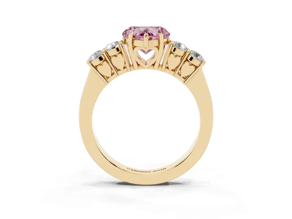 Fancy Pink Heart Cut Cut Diamond Five-Stone Prong Set White Gold Ring Yellow gold