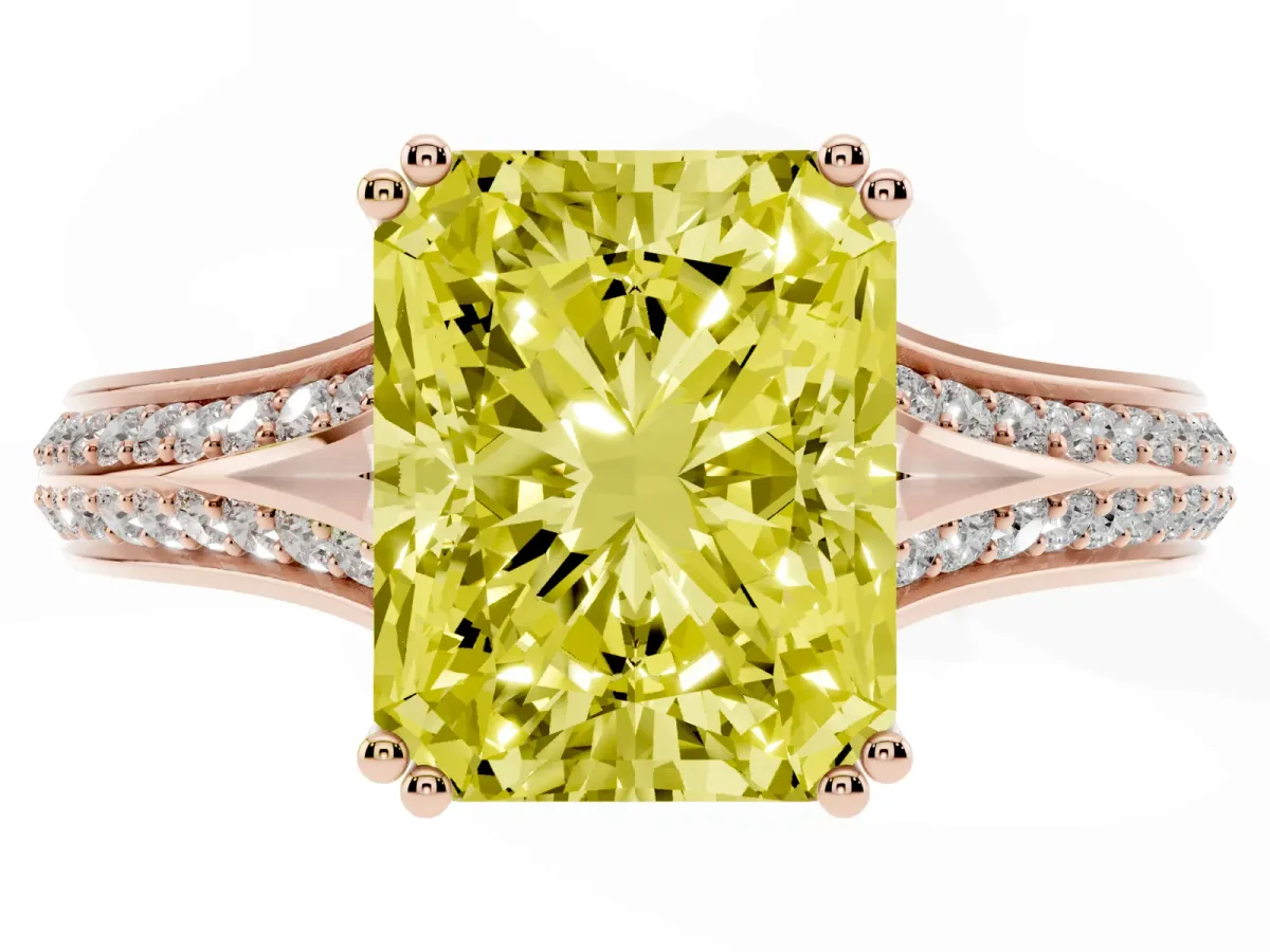 Fancy Yellow Radiant Cut Diamond Split Shank Engagement Ring with Pavé Band Rose gold