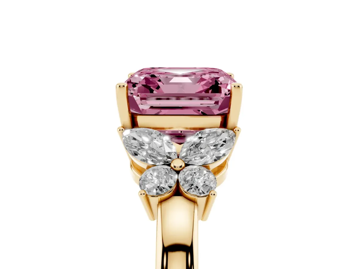 Fancy Pink Asscher Cut Cut Solitaire Floral Diamond Ring with Four-Prong Setting Yellow gold