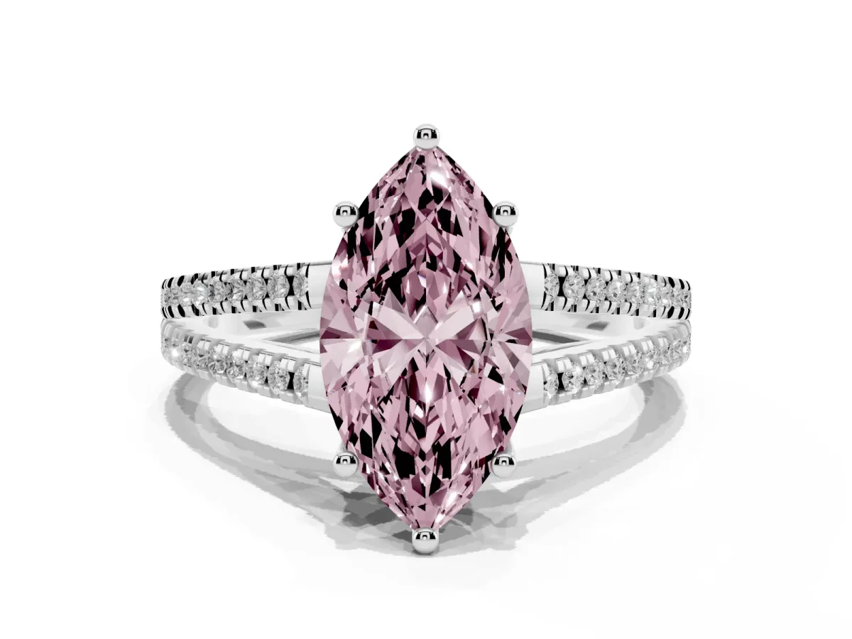 Fancy Pink Marquise Cut Diamond Solitaire Engagement Ring with Split Shank Pavé Band Silver