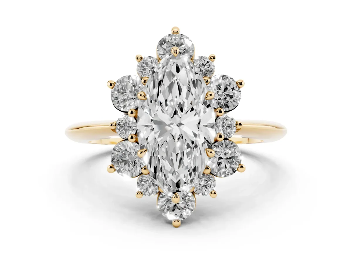 Marquise Cut Diamond Cluster Halo Ring with Solitaire Band and Four-Prong Setting Yellow gold