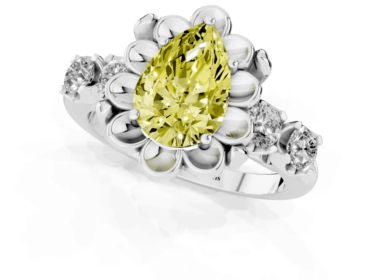 Fancy Yellow Pear Cut Cut Diamond Floral Halo Engagement Ring with Shared Prong Setting Silver