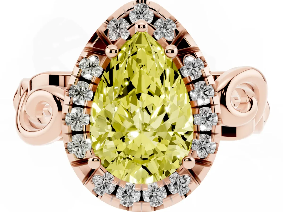 Fancy Yellow Pear Cut Cut Halo Diamond Ring with Scrollwork Band and Four-Prong Setting Rose gold