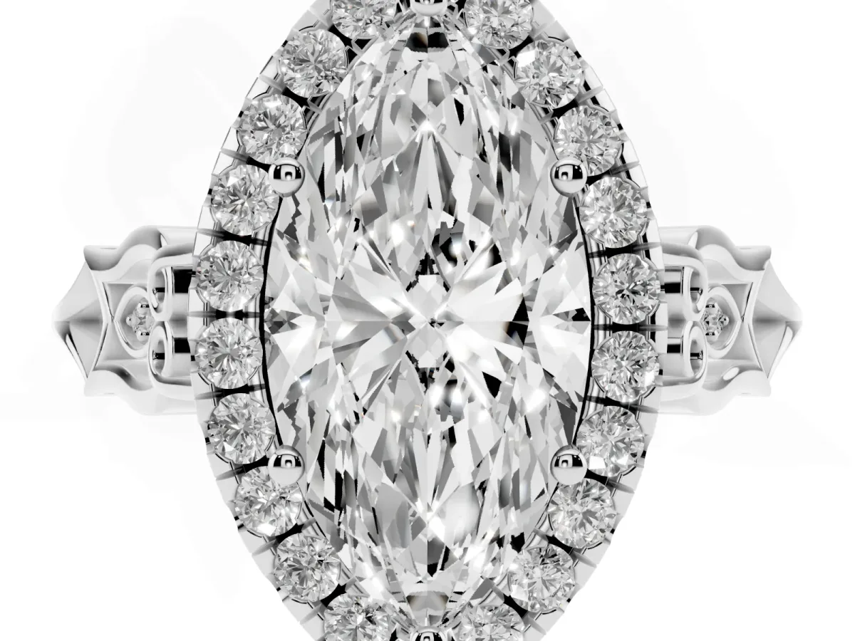 Marquise Cut Halo Diamond Engagement Ring with Filigree Band and Four-Prong Setting White gold