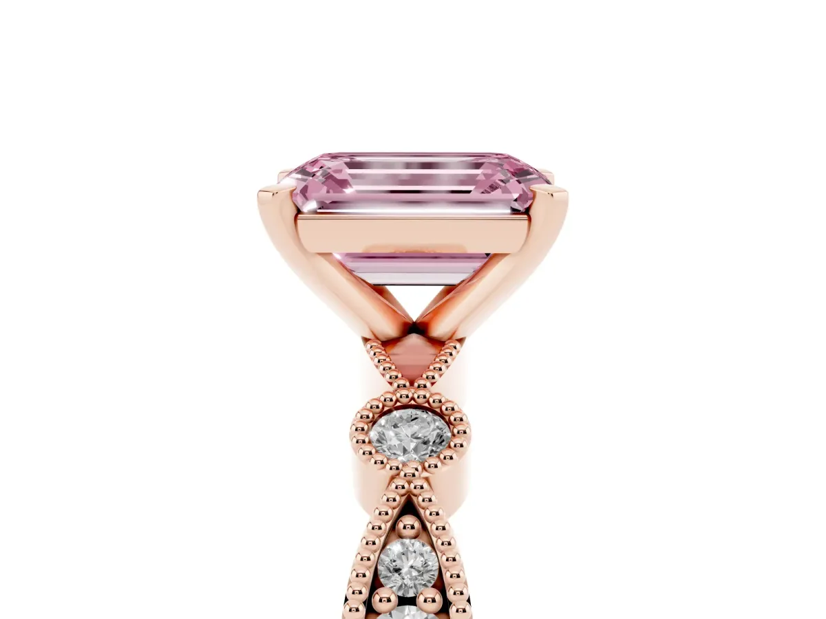 Fancy Pink Emerald Cut Milgrain Bezel Diamond Engagement Ring with Solitaire Prong Setting Rose gold