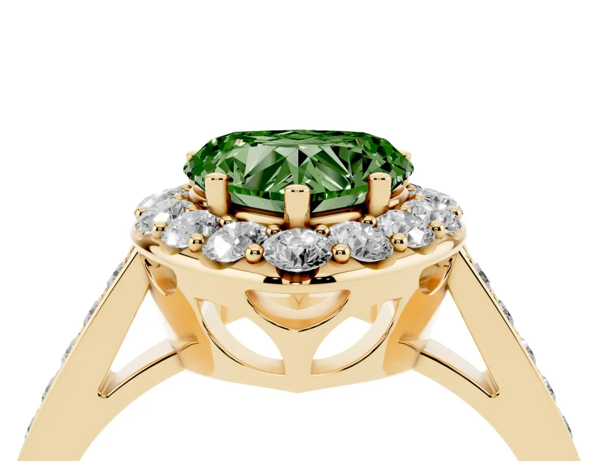 Fancy Green Heart Cut Diamond Floral Halo Ring with Pavé Band and Prong Setting Yellow gold