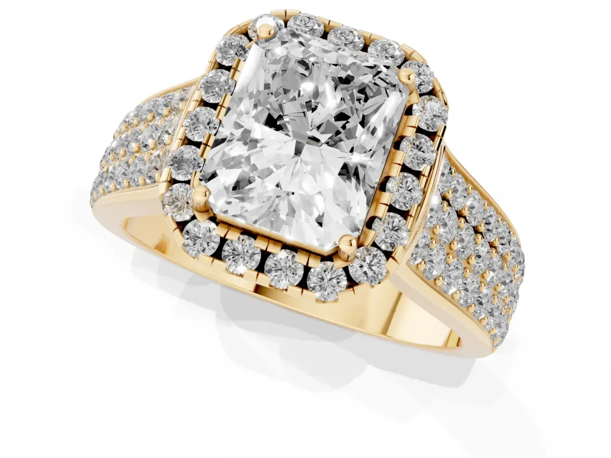 Radiant Cut Halo Round Diamond Pave Band with Prong Setting Yellow gold