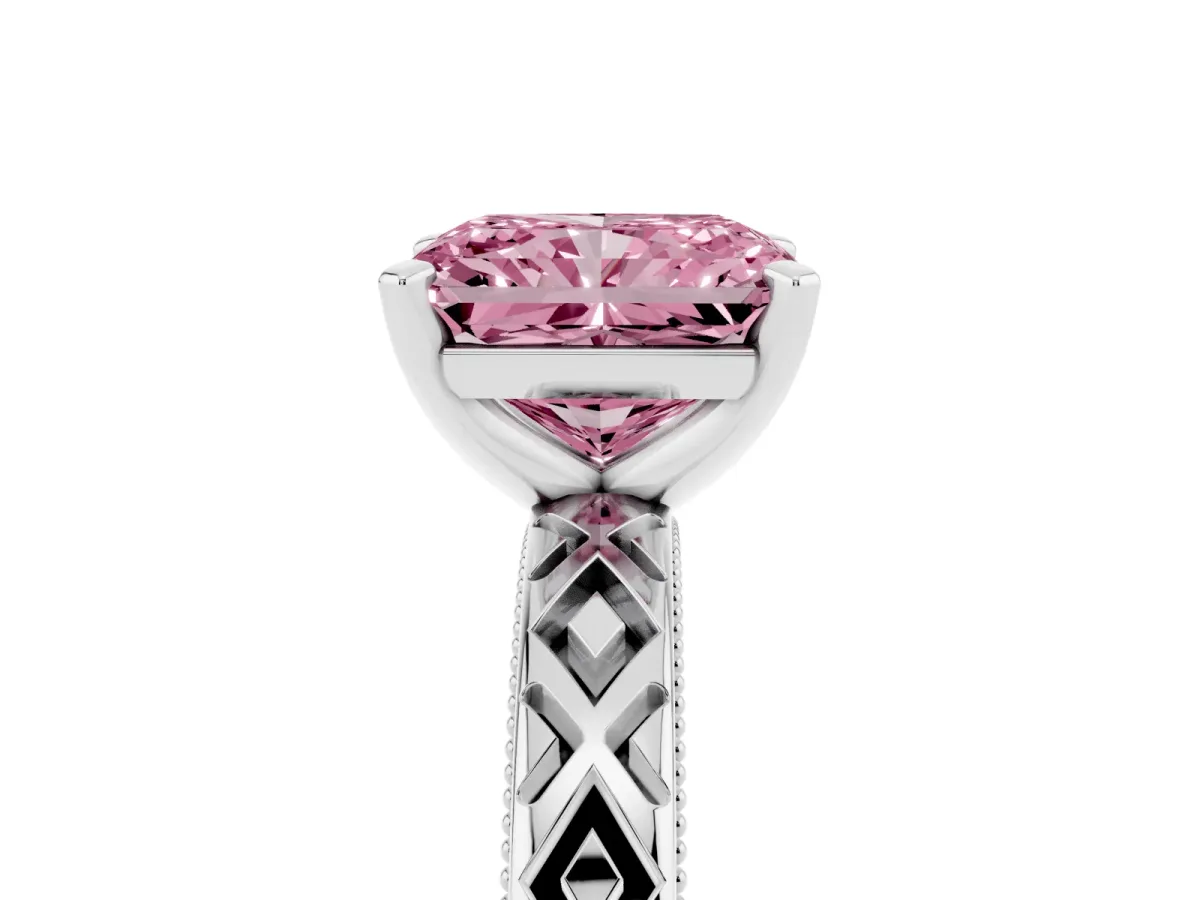 Fancy Pink Radiant Cut Solitaire Diamond Ring with Milgrain and Black Enamel X Pattern Band Silver