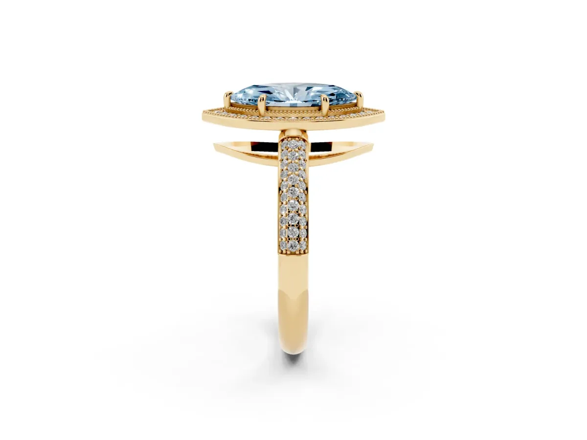 Fancy Blue Marquise Cut Cut Halo Diamond Pave Band with Four-Prong Setting Yellow gold