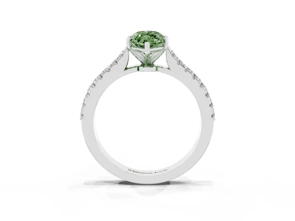 Fancy Green Marquise Cut Cut Solitaire Diamond Engagement Ring with Pave Band and Four-Prong Setting White gold