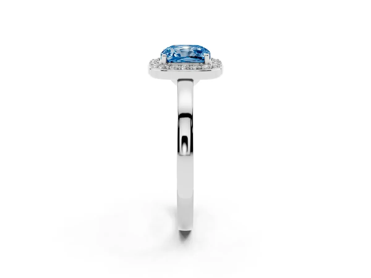 Fancy Blue Cushion Cut Halo Diamond Ring with Solitaire Band and Prong Setting Silver