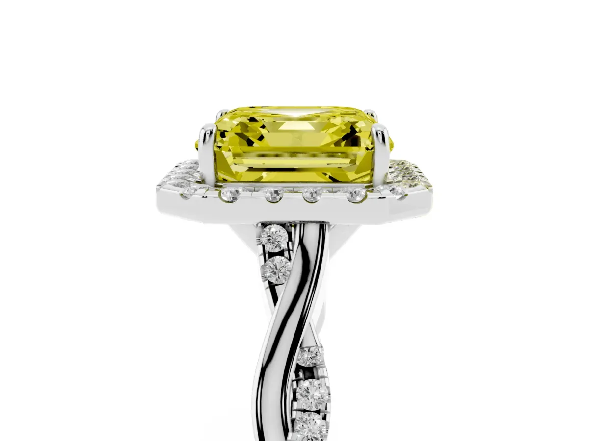 Fancy Yellow Asscher Cut Halo Twist Band Solitaire Ring Silver