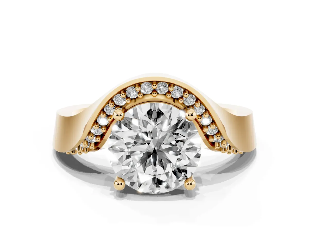Round Cut Solitaire Diamond Engagement Ring with Pave Band and Four-Prong Setting Yellow gold