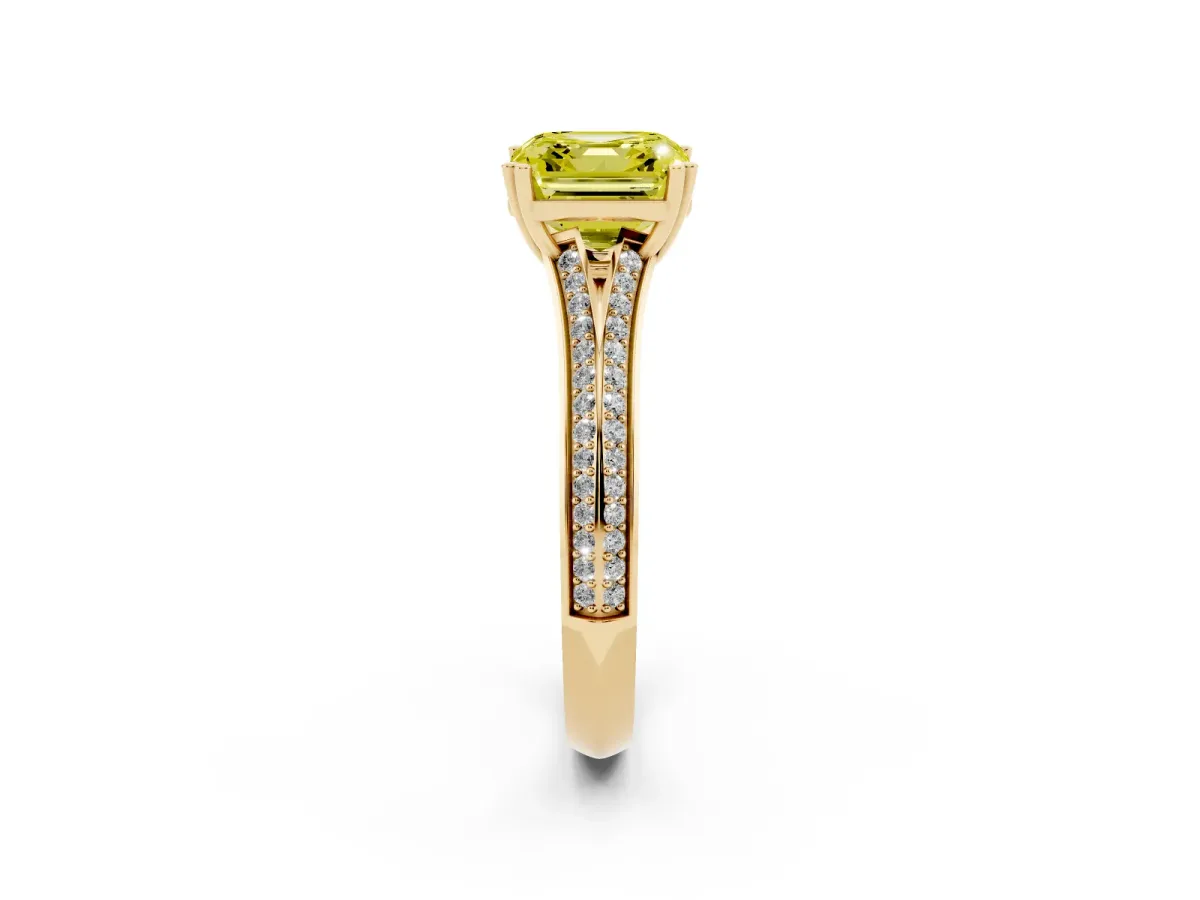 Fancy Yellow Asscher Cut Diamond Split Shank Engagement Ring with Pavé Band Yellow gold