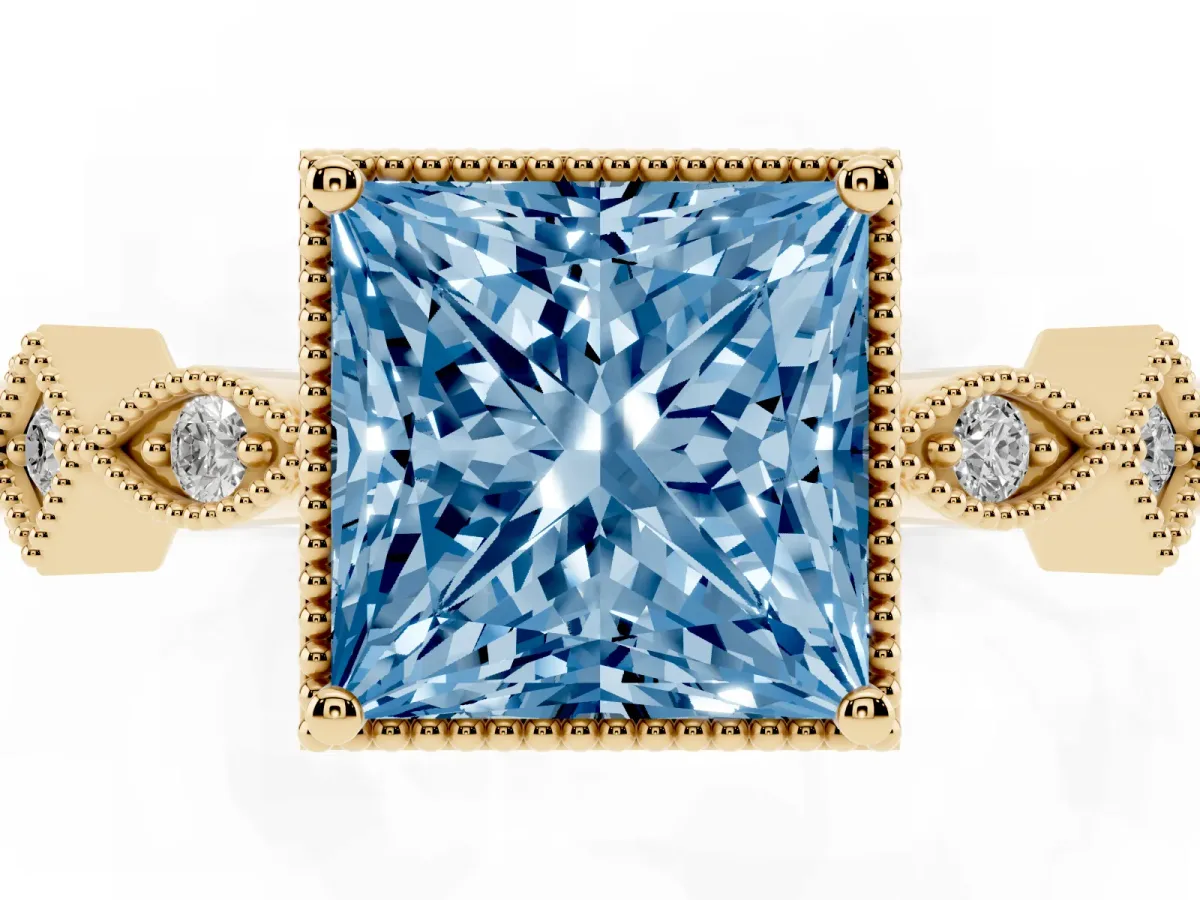 Fancy Blue Princess Cut Milgrain Marquise Diamond Twist Band Ring Yellow gold