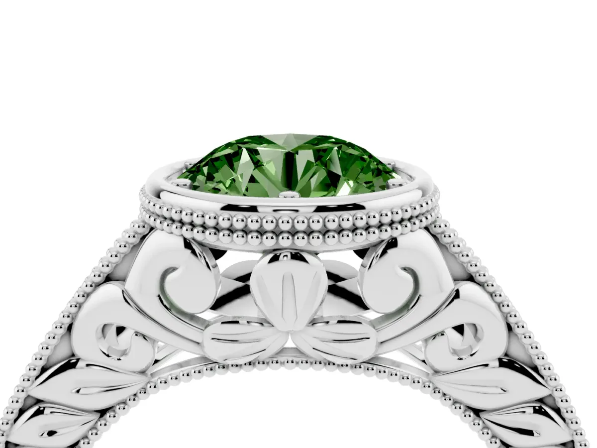 Fancy Green Bezel Set Round Cut Diamond Milgrain Pave Engagement Ring Silver