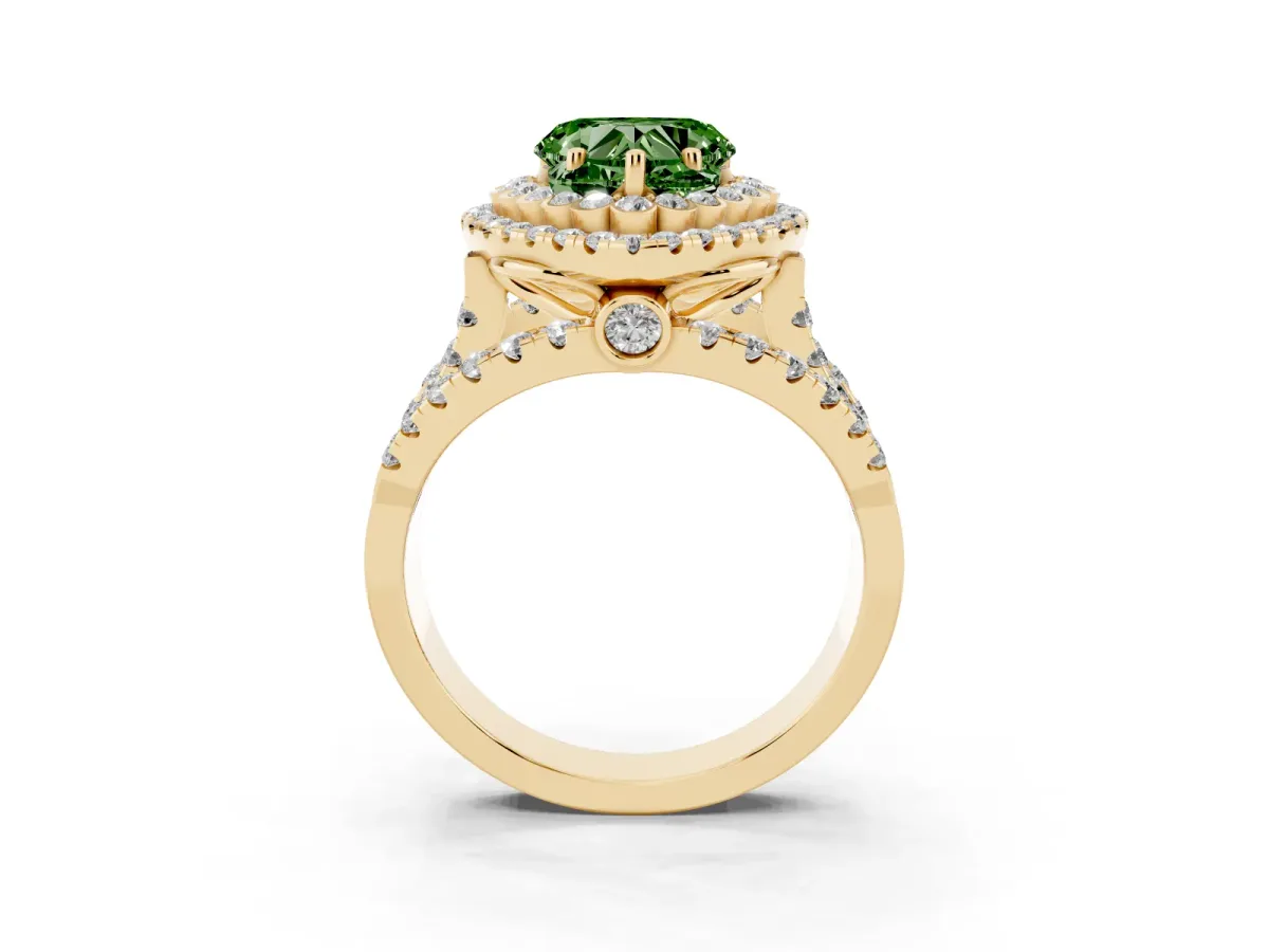 Fancy Green Heart Cut Diamond Double Halo Ring with Round Pavé Split Shank and Prong Setting Yellow gold