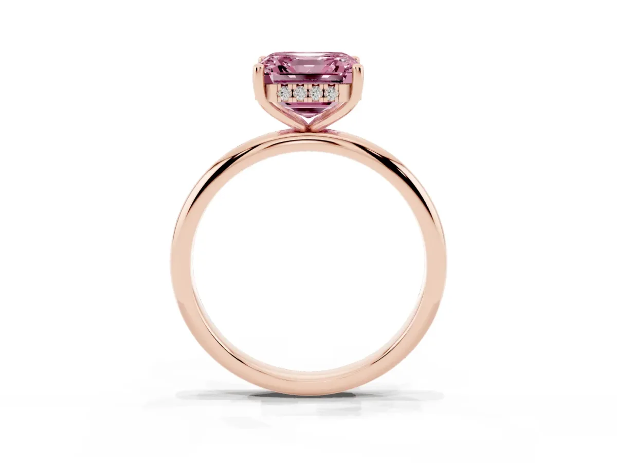 Fancy Pink Asscher Cut Cut Solitaire Engagement Ring with Four-Prong Setting and Classic Band Rose gold