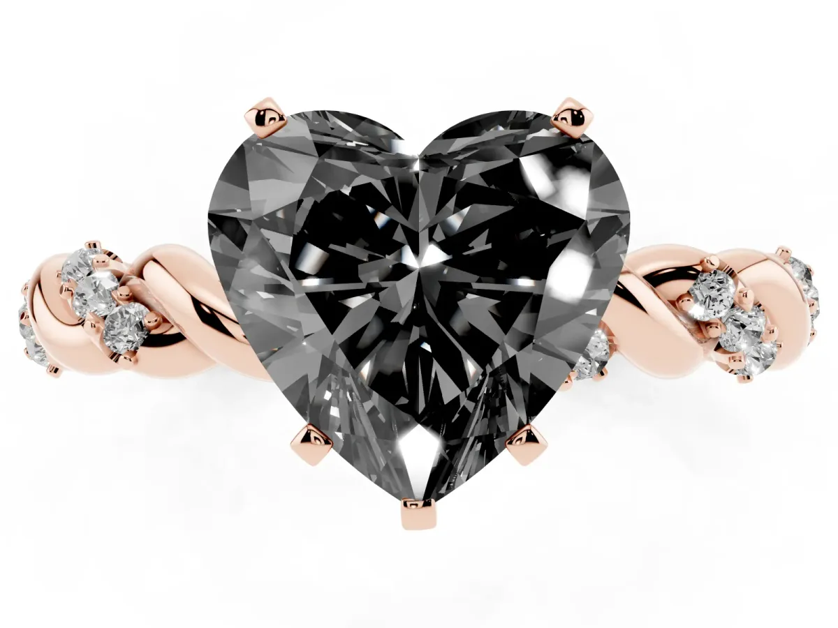 Fancy Black Heart Cut Diamond Solitaire Ring with Twisted Band and Pavé Accents Rose gold