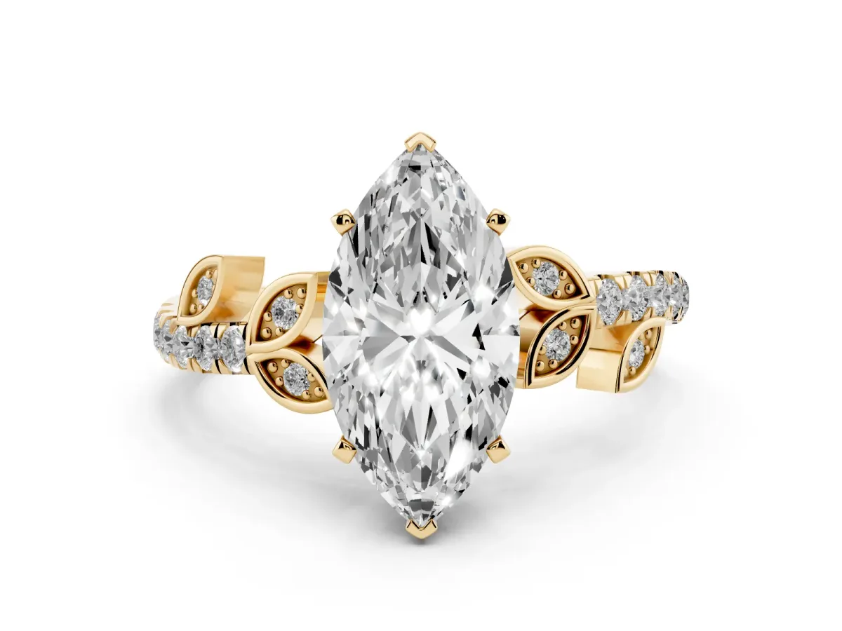 Marquise Cut Solitaire Leaf-Inspired Diamond Ring with Pavé Band and Four-Prong Setting Yellow gold