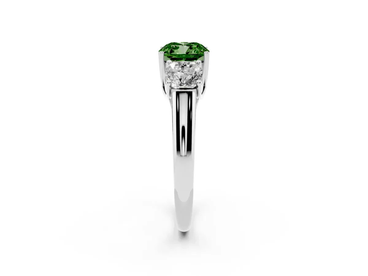 Fancy Green Three-Stone Cushion Cut Diamond Engagement Ring with Prong Setting White gold